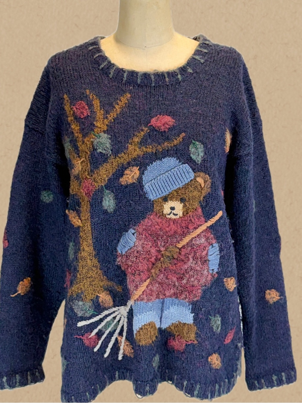 VINTAGE Teddy bear dressed‎ fall knit sweater raking leaves fall graphic 80s 90s